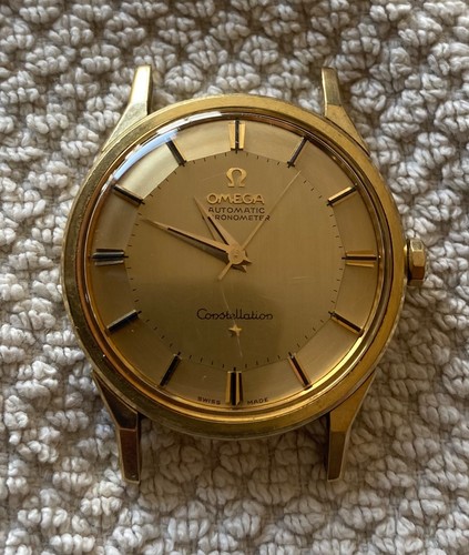 1962 Omega Constellation no-date dog leg pie pan 14k gold