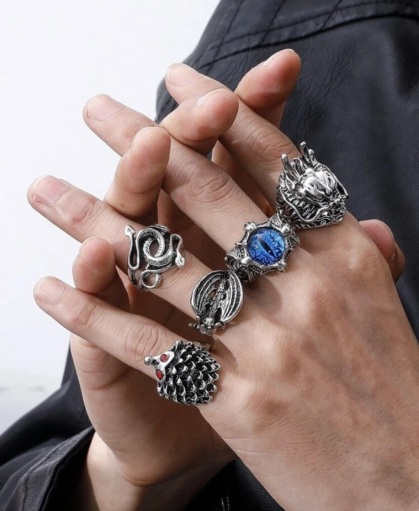 5.Piece Mens Ring Set Silver Stackable Rings Midi Rings
