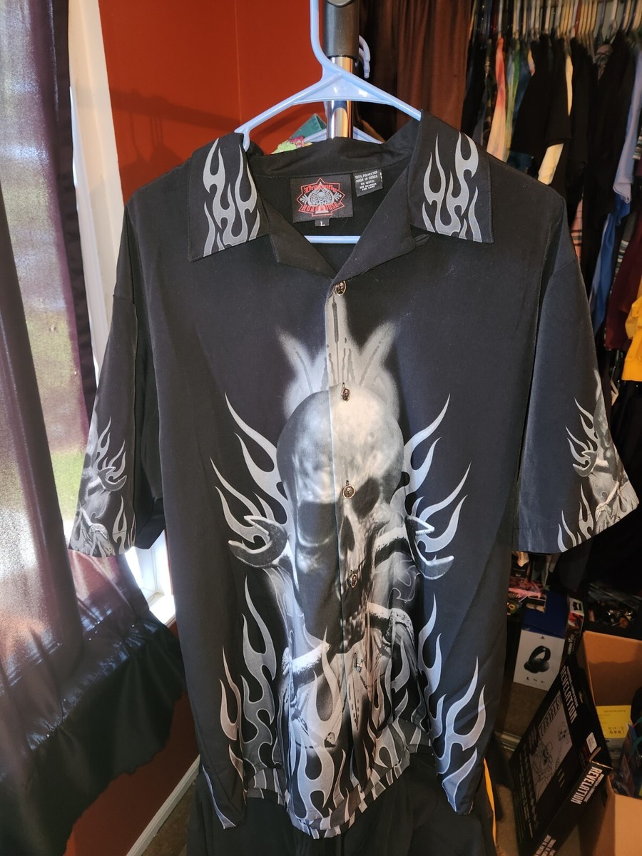 Dragonfly Roadhouse Skull Fire Button Up Shirt Mens Size Large