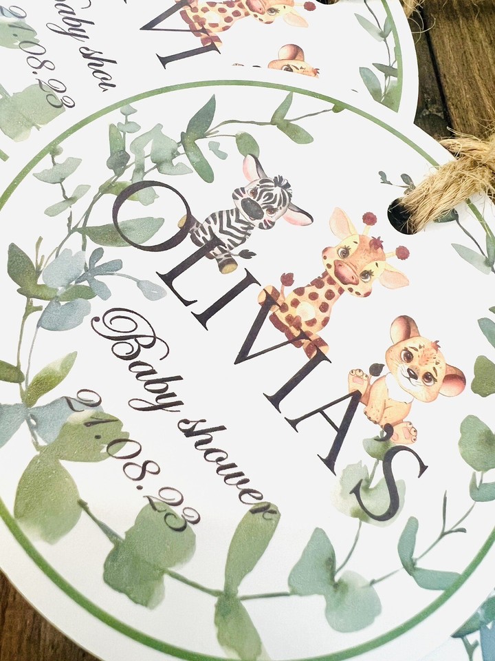 30 X Large Round Personalised Safari Baby Shower Tags Baby Shower