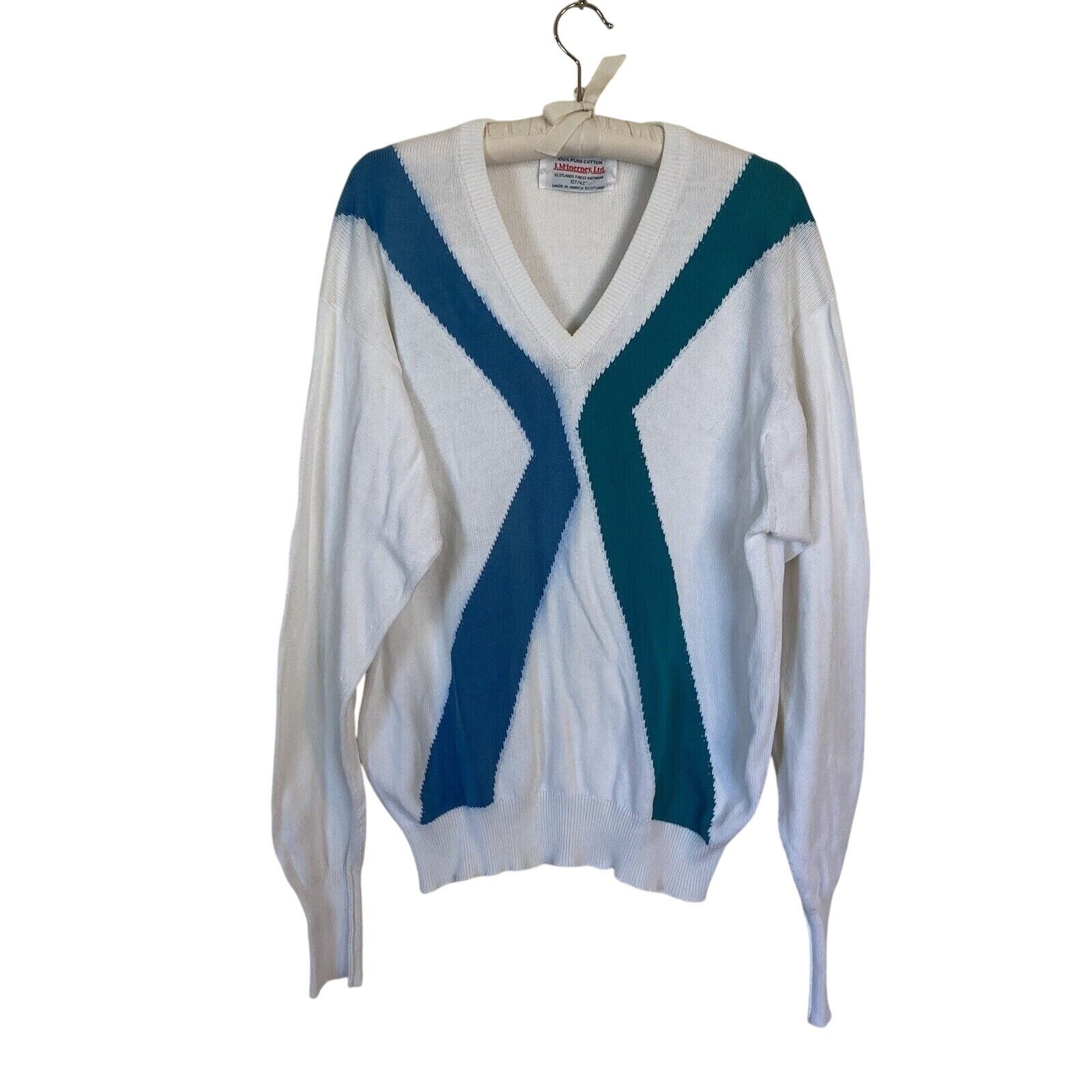 Vintage JM Inerney 100% Cotton Scottish Pull Over Womens Sweater Large V Neck