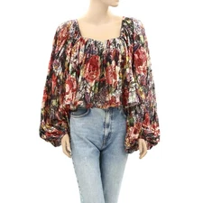 Anthropologie Love The Label Smocked Floral Print Blouse Top Metallic XS 272086