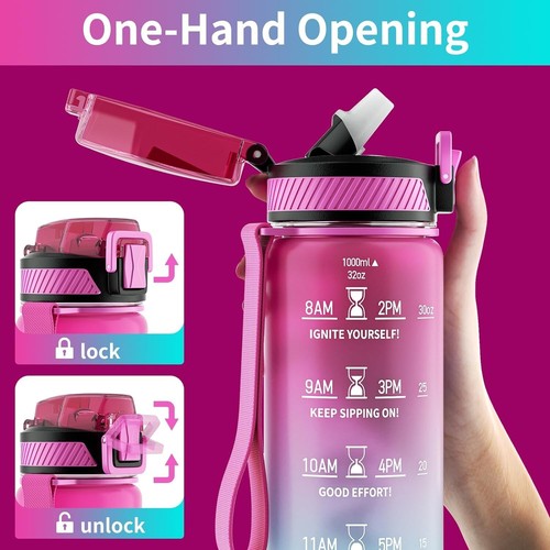 QLUR BPA Free Tritan Plastic Water Bottle With Time Marker To Drink & Straw 32oz - Picture 4 of 10