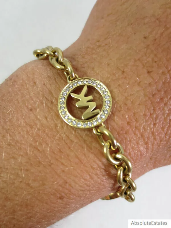 NEW $135 Michael Kors Gold Pave Crystal Fulton Chain Logo Bracelet 