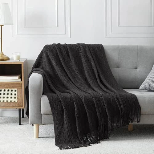 BOURINA Throw Blanket Textured Solid Soft Sofa Throw Couch Knitted
