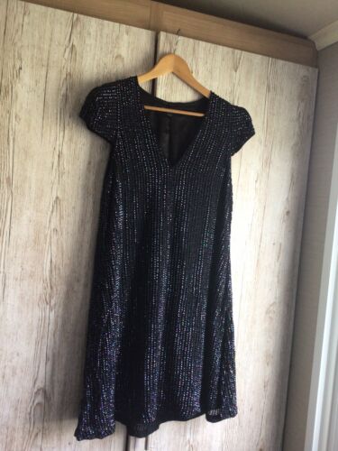 FRENCH CONNECTION Black BEADED A Line DRESS Size 12 Fully Lined - Afbeelding 1 van 2