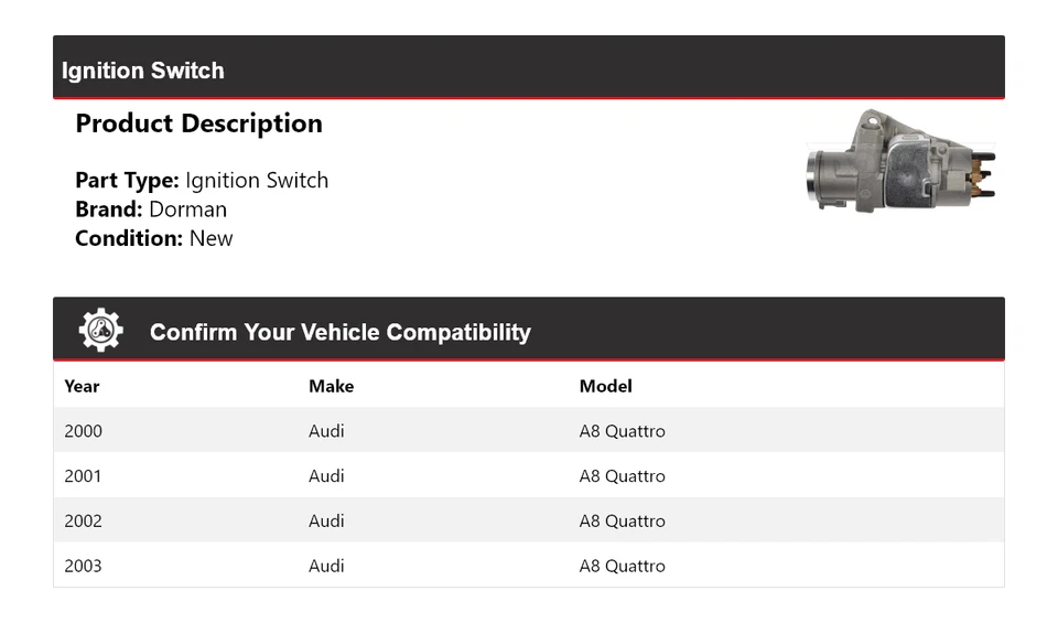 Interruptor de encendido para Audi A8 Quattro Dorman 2000-2003 2001 2002 Foto 2 de 4