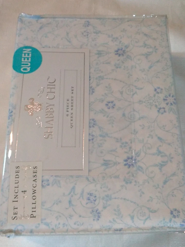 Juego de sábanas Rachel Ashwell Shabby Chic 6 piezas Queen blanco azul floral Foto 3 de 4