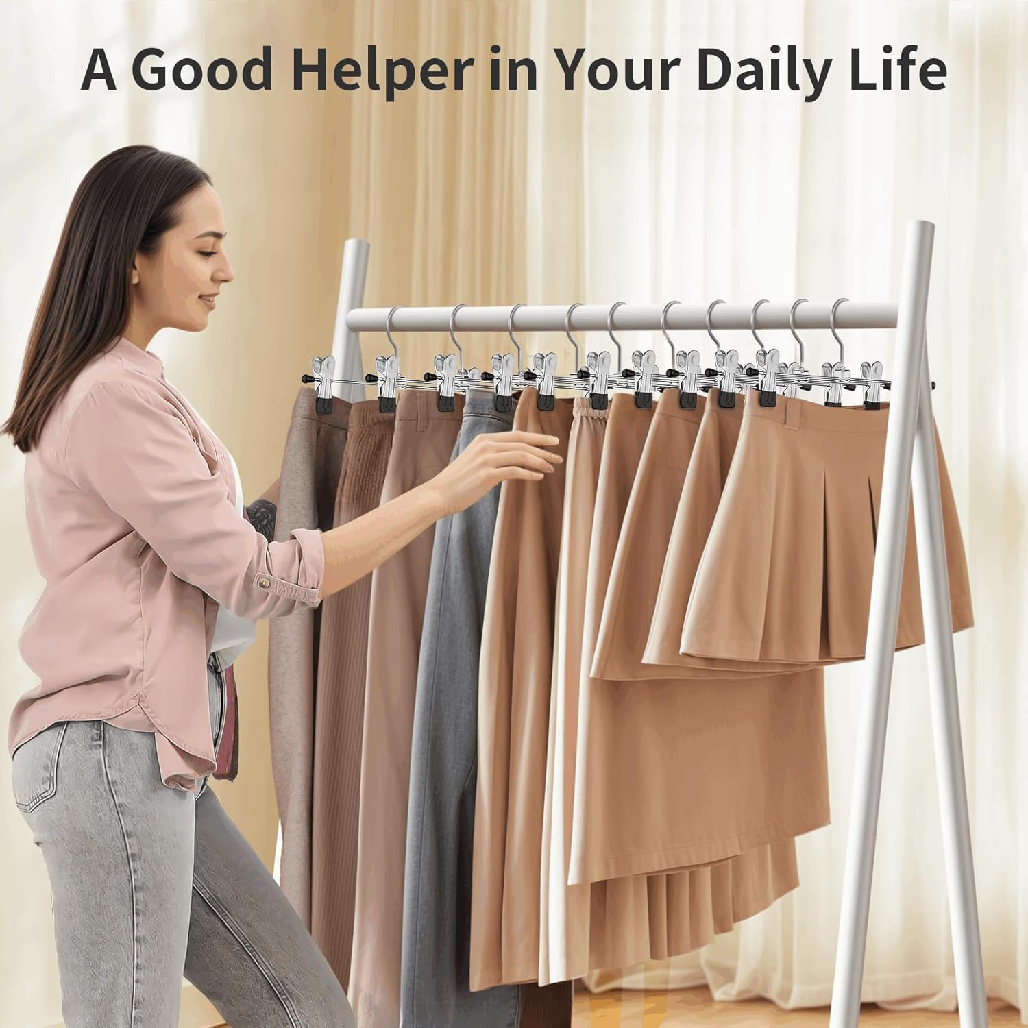 Pant Hangers, 12 Pack Skirt Hanger with Clips Metal Trouser Clip for Shorts H...