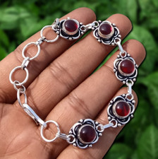 Garnet Gemstone Link Chain Bracelet 925 Sterling Silver Plated Handmade Jewelry