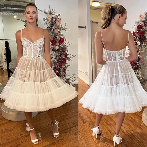 Short Wedding Dresses Spaghetti Straps Lace Knee Length Bridal Gowns White