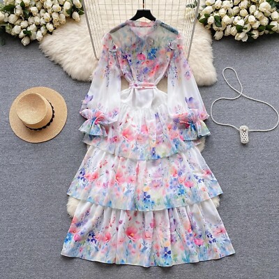 Spring Summer Flower Print Dress Chiffon Loose Bow Collar