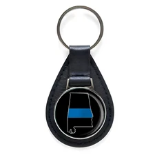Thin Blue Line Alabama State Black Leather Keychain Silver Keyring Military