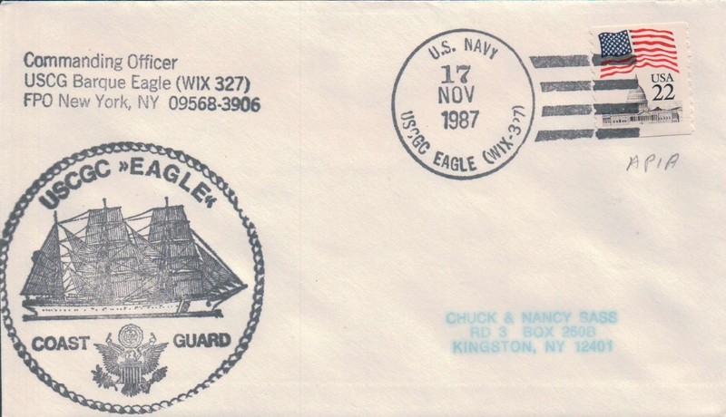USCGC EAGLE, ships error pmk. Reads U S Navy, in Apia Samoa 1987