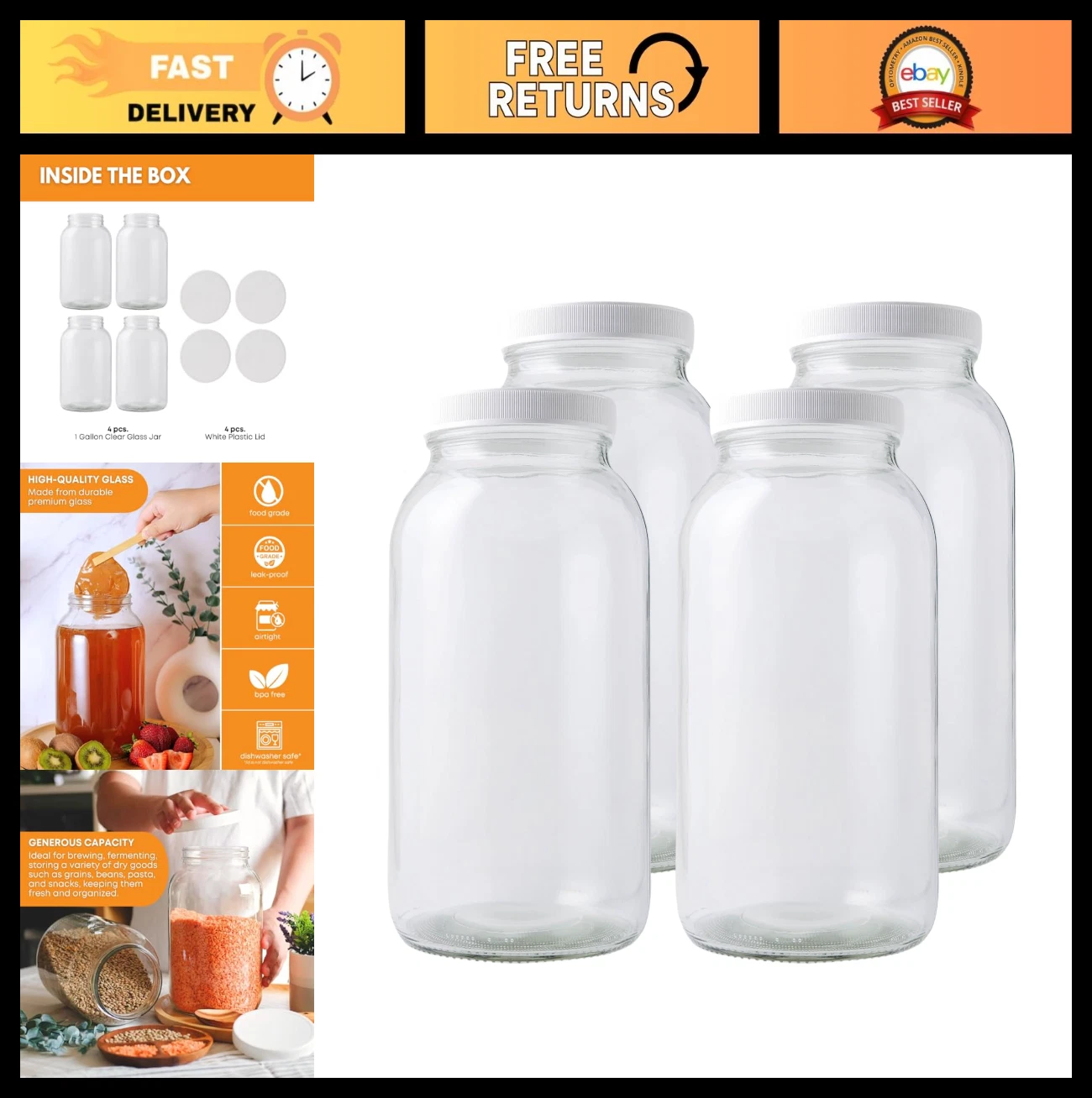1 Gallon Glass Mason Jars with Airtight Lids - Set of 4, Food Storage & Canning