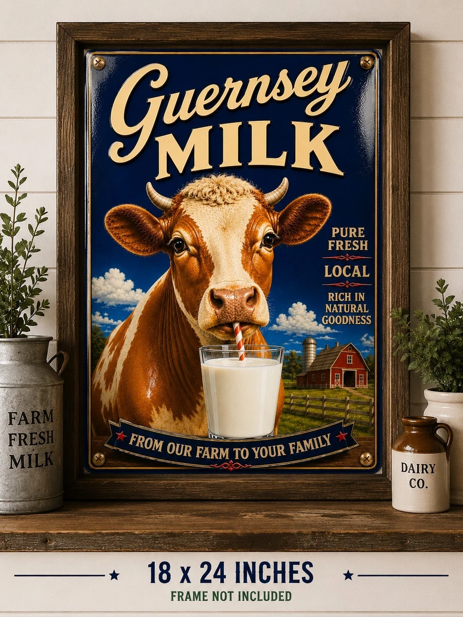 Guernsey Milk Vintage Bauernhof Wandkunstdruck 18x24 Porzellan Emaille Stil Molkerei...