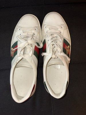 Gucci Men s White Leather Low-Top Lace-Up Sneakers Green/Red Web Stripe 8