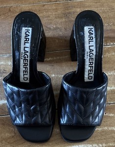 KARL LAGERFELD PARIS SHEENA WOVEN LEATHER BLOCK HEEL MULES IN BLACK US 6 EU 36