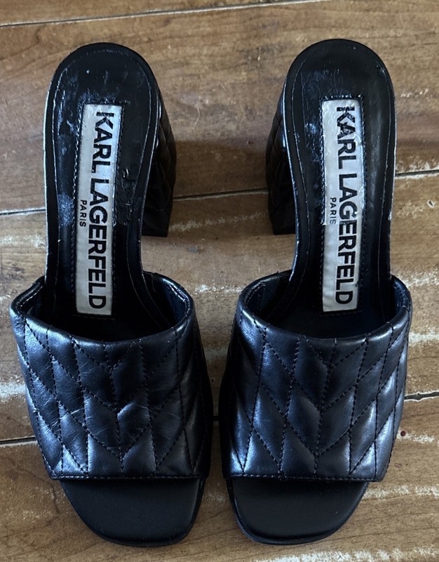 KARL LAGERFELD PARIS SHEENA WOVEN LEATHER BLOCK HEEL MULES IN BLACK US 6 EU 36