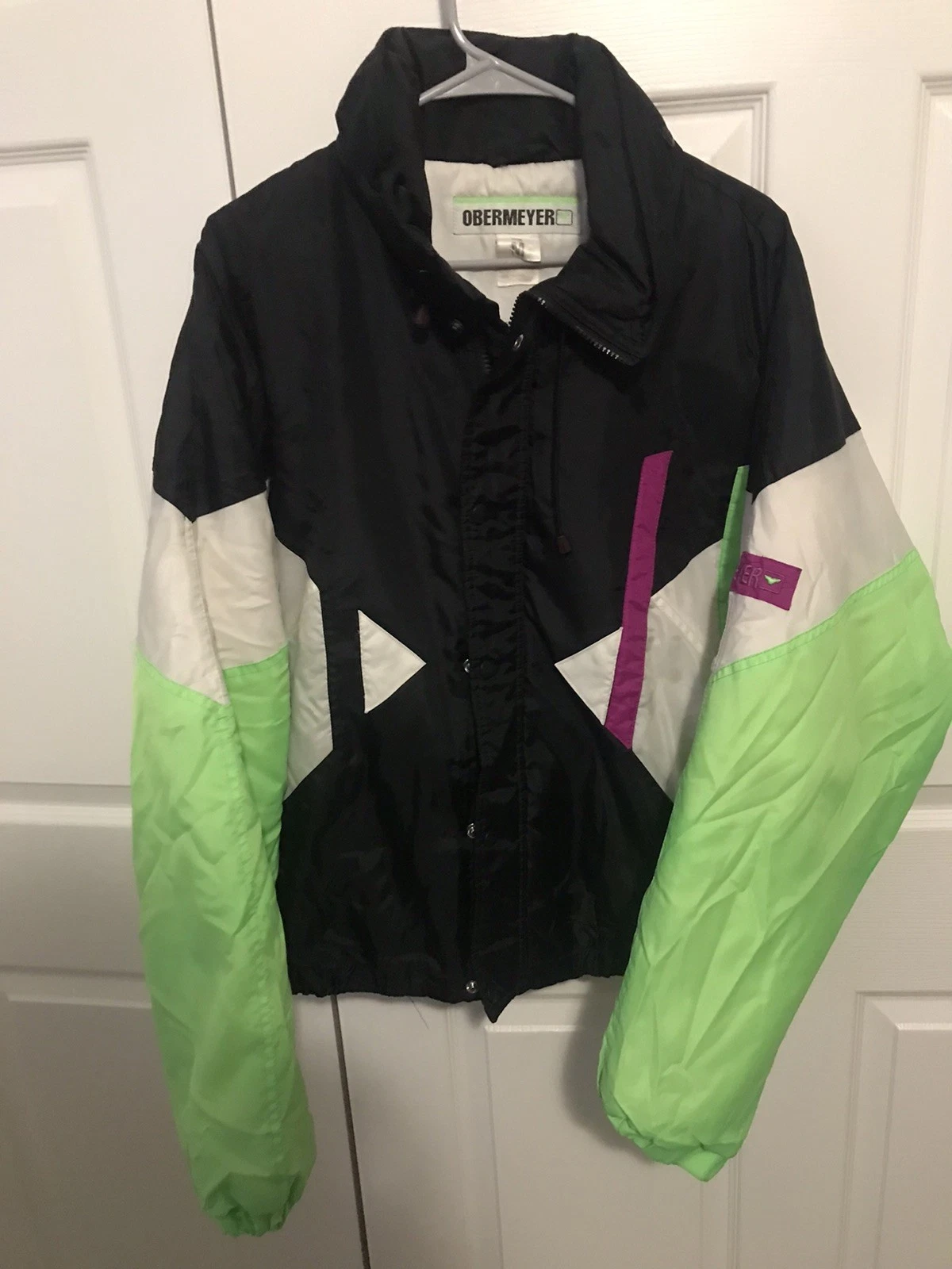 Vtg 90s Obermeyer Wildcat Neon Ski Jacket Men's Medium ColorBlock Packable Hood
