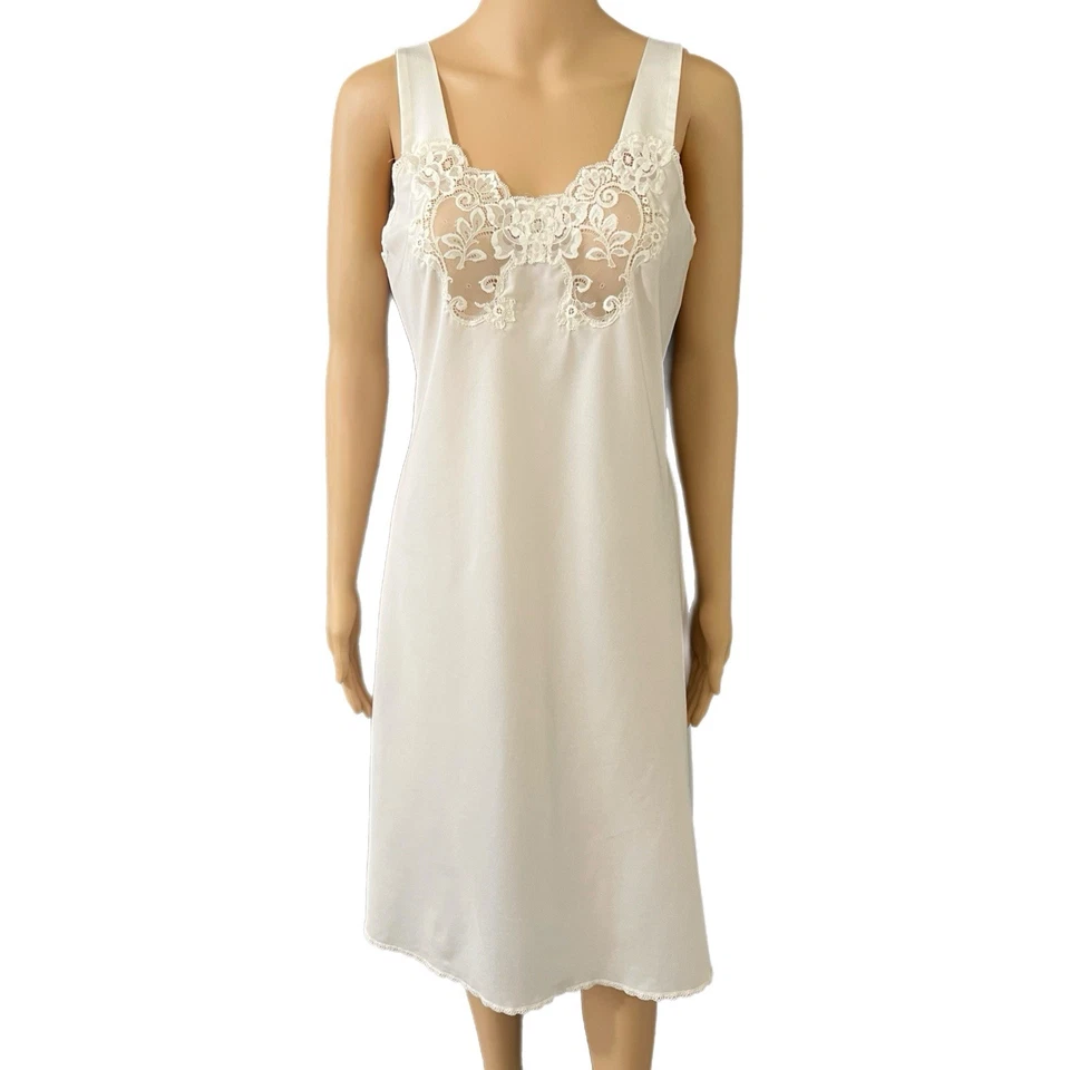 Vestido Lencería Vintage Vanity Fair Años 70 Crema Poliéster Encaje Ribete Sin Mangas - Talla 34L Foto 2 de 4