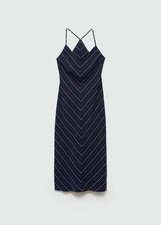 MNG Mango Women’s Navy Striped Lyocell Linen Blend Dress Sz 8 Midi