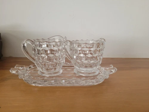 Vintage Fostoria American Cubist 3 Piece Cream and Sugar Set w/glass Tray