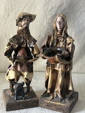 Vintage Folk Art Paper Mache Peasant Couple Figurines w Pig Mid Century