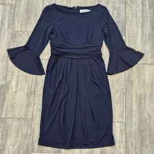 Eliza J Dress Navy Blue Bell Sleeve Ruched Empire Waist Sheath Pockets Size 4