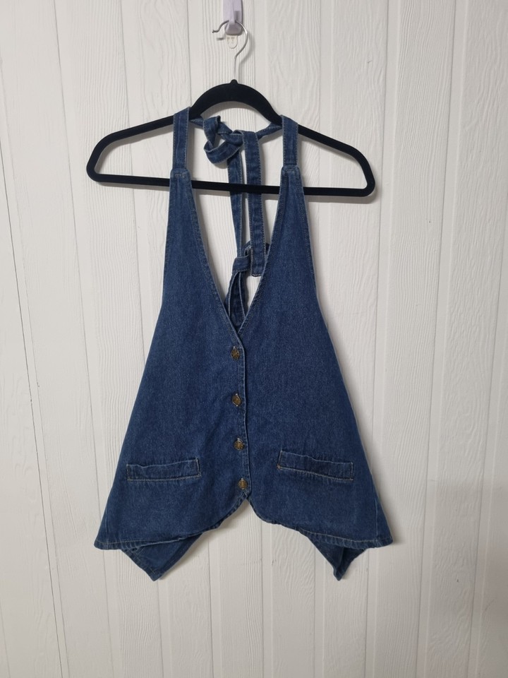 LIONESS size XS dark blue denim halter neck v neck button tie back blouse