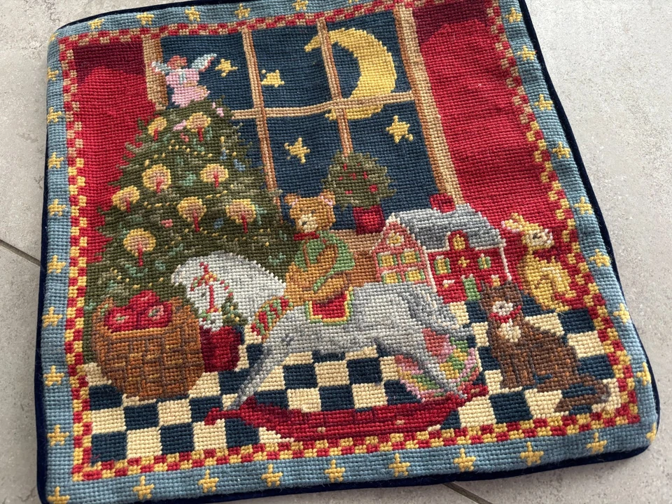 NEW Handmade Wool Needlepoint Throw Pillow Cover Rocking Horse Christmas 14" - Image 2 of 3