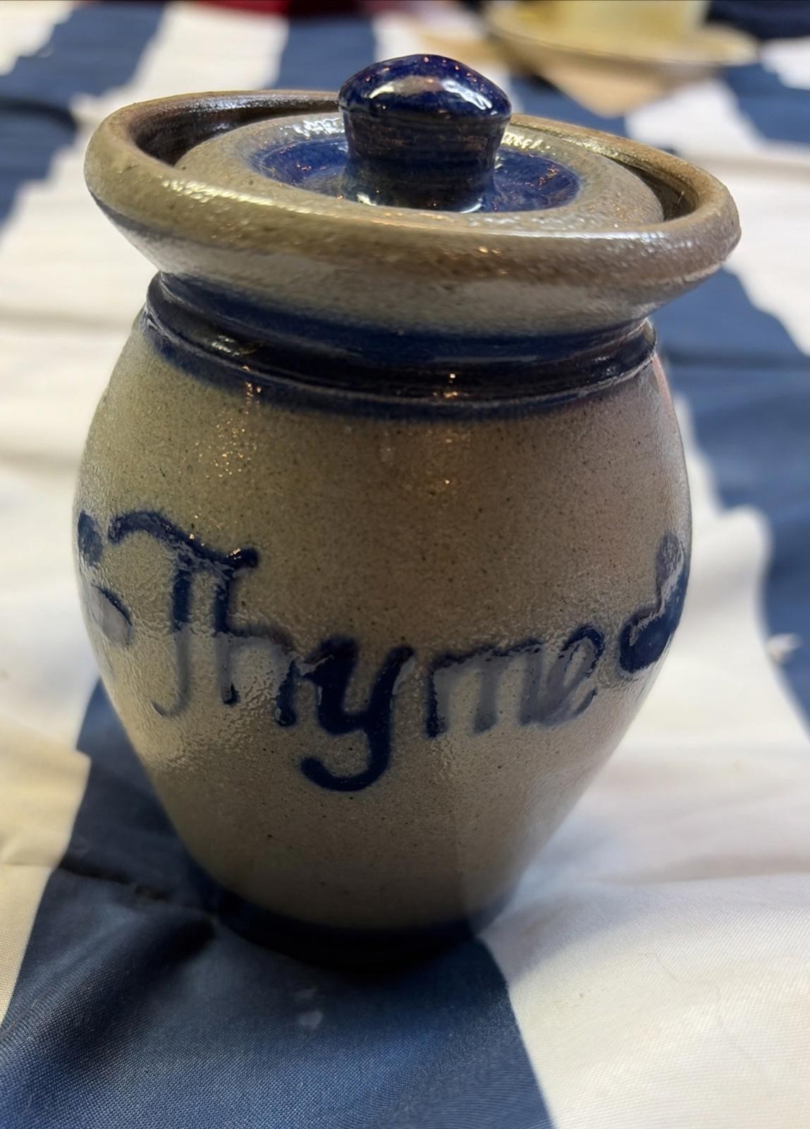 Rowe Pottery Stoneware 1992 Spice Herb Covered Jar Thyme Gray Blue CLEAN