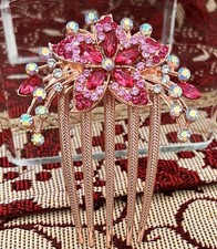 Vintage-Style Pink-Rose Clear Rhinestones Floral Hair Comb Bonus Sachet, HTF New