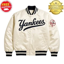 NY Yankees Vintage 90s Athletic Jacket Satin Bomber Varsity Jacket off white