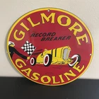 VINTAGE GILMORE RECORD BREAKER RACE CAR GASOLINE MOTOR OIL PORCELAIN SIGN