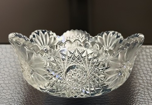 ABP Glass Bowl Hand Cut Hobstars Wheel Cut Daisies Intaglio Cut Leaves 8.75”D - Picture 4 of 12