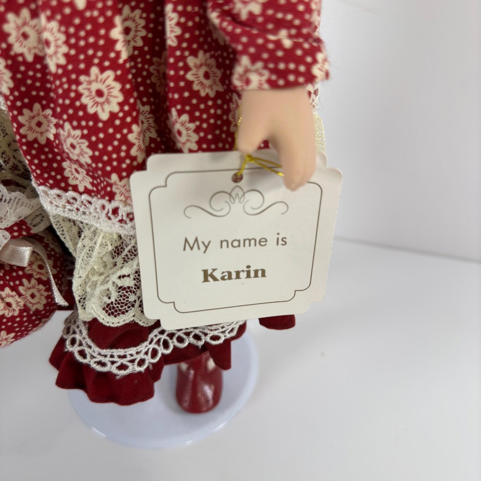 Rare Collectable Leonardo Karin Porcelain Soft Body Doll On Stand W Red Dress image 3