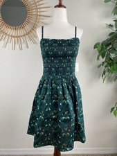 Womens M Smocked Dress Mini Bird Print Cottage Core 100 Cotton Green Pockets