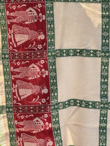 Vintage Fransen Tischdecke weiß grün rot Pennsylvania Dutch 44"x46" - Bild 3 von 8