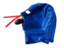 Blue Latex Hood w/ 15cm Red Nose Tubes Teeth Gag Back zip 0.4mm Rubber Mask