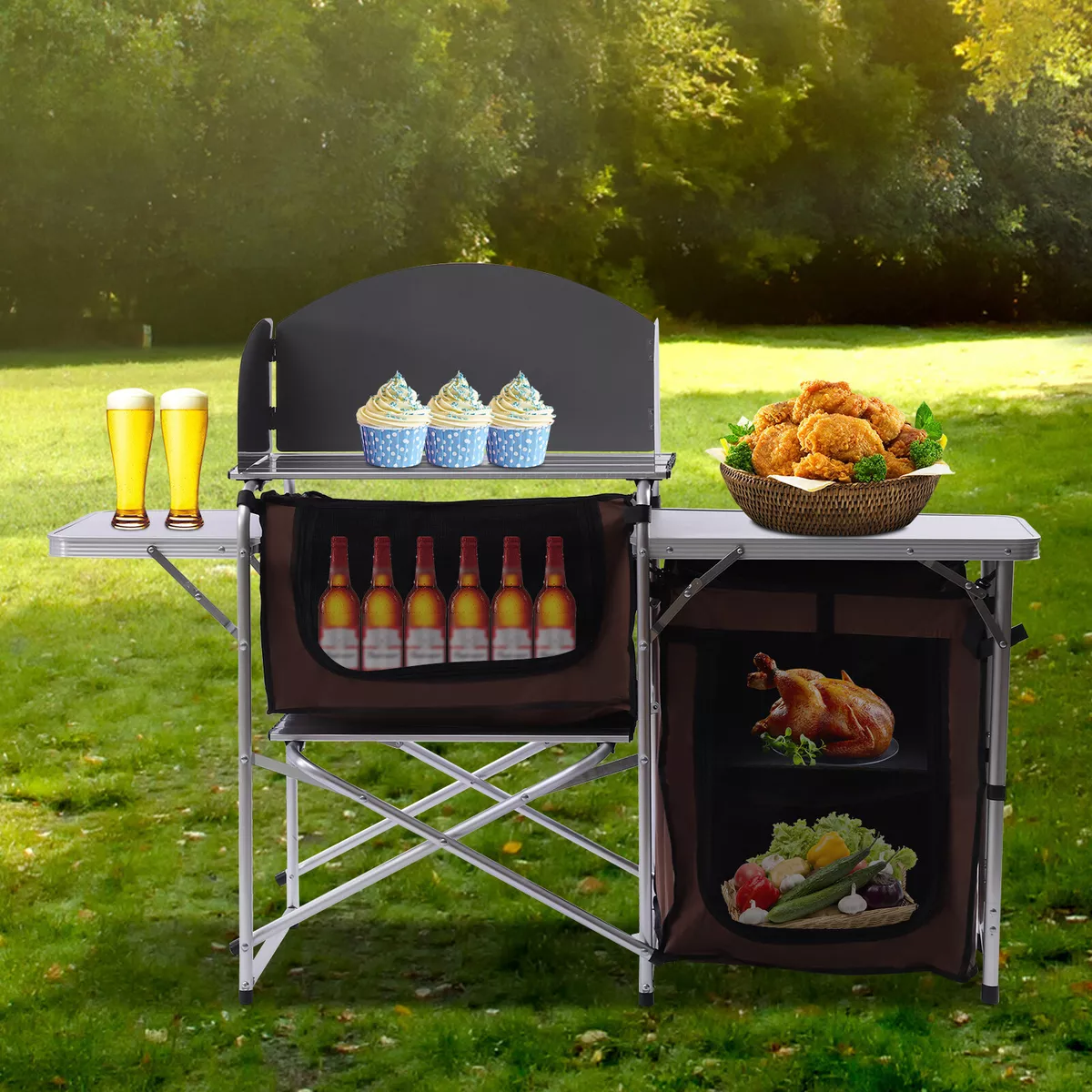 Portable Folding Camping Kitchen Table Grill Cook Storage Picnic Cabinet  Outdoor