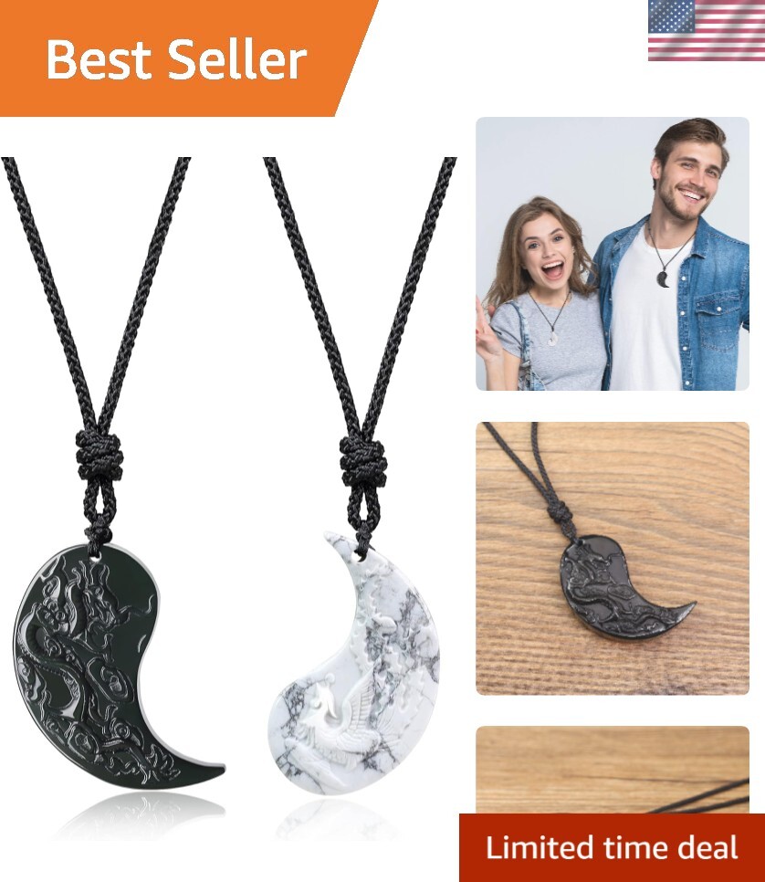 Obsidian & Howlite Dragon Phoenix Yin Yang Necklace Set - His and