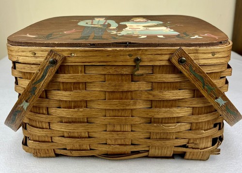 Vintage Domino Sugar Pie Basket Split Oak Hand Painted Amish Cottage Core 13.75" - Picture 4 of 24