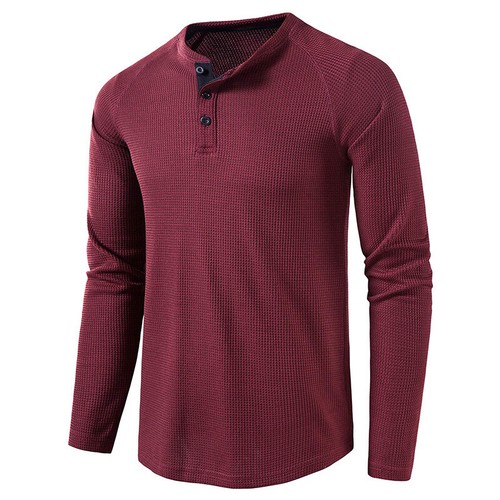 Mens Plain T-Shirt Long Sleeve Top Thermal Henley Jumper Cotton Rich Waffle Knit - Picture 17 of 19