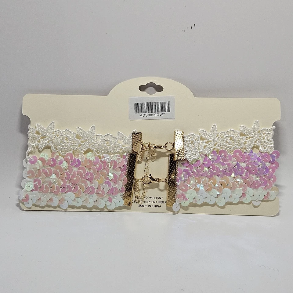 GARGANTILLA/COLLAR BLANCO COLECCIÓN MIA/2 PIEZAS. JUEGO LENTEJUELAS Y ENCAJE ¡NUEVO! ¡SELLADO!  Foto 3 de 4