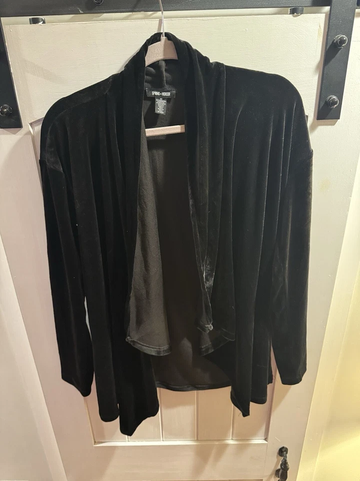 Spring + Mercer Woman’s Jacket Cardigan Medium Black Velveteen Open Waterfall - Image 3 of 4