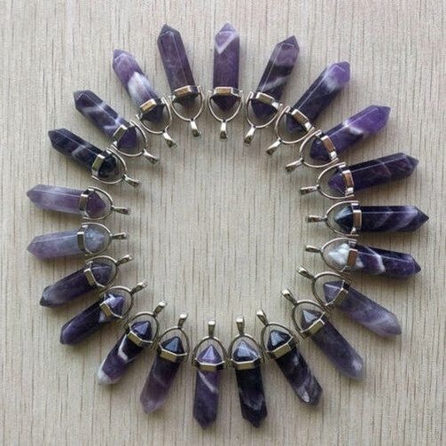 30pcs Natural Amethysts Stone Hexagonal Column Pendants Jewelry Making Wholesale