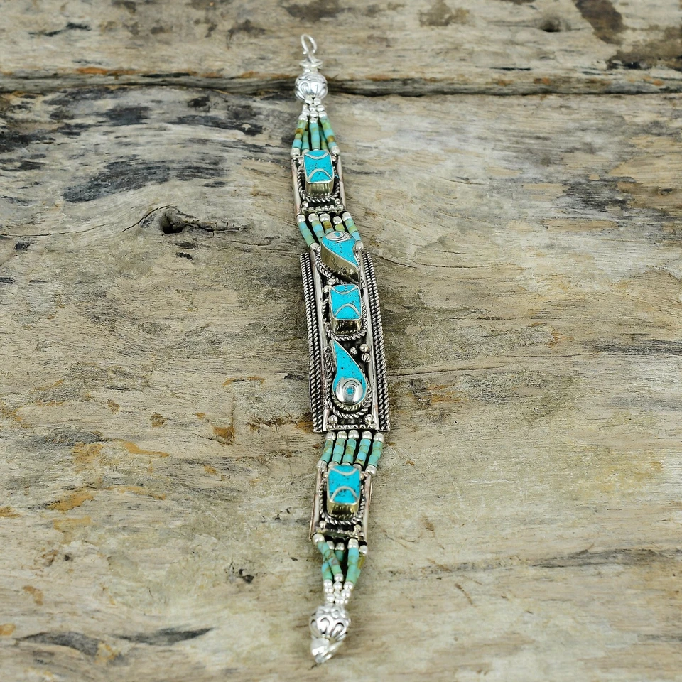 Antique Turquoise 925 Sterling Silver Tibetan Beads Bracelet, Nepali Jewelry - Image 2 of 4