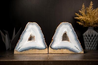 Pair of Rare Blue & White Lace Striped Agate Geodes with Galaxy Druzy 13 Lb.
