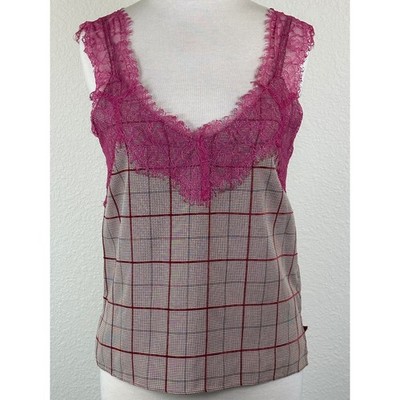Bishop + Young Lace Overlay Plaid Tank Top Burgundy Windowpane Cotton Lined S